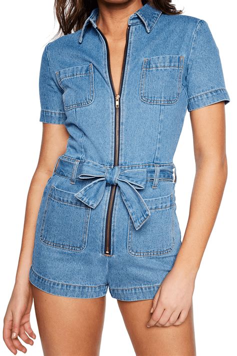 Denim Zip Romper In Vintage Bardot