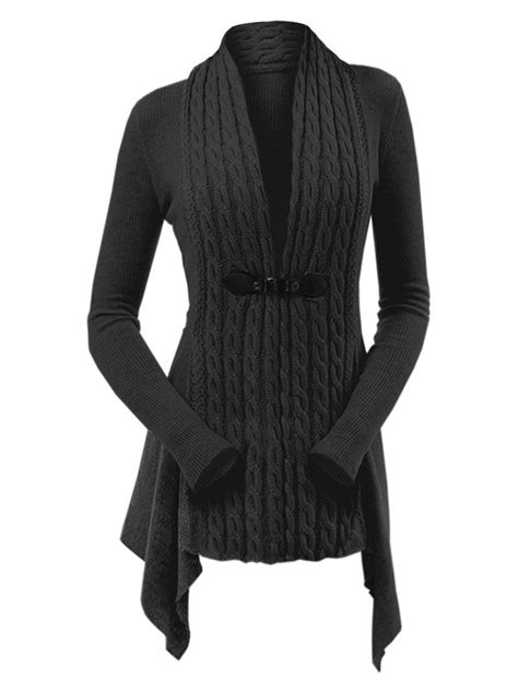 [76 Off] 2021 Cable Knit Buckle Asymmetrical Cardigan In Black Dresslily