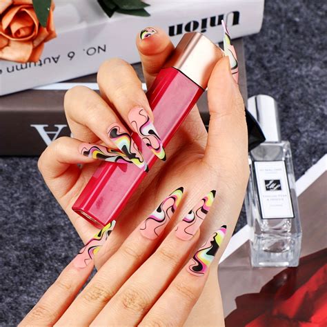 Matte Nude Stiletto Press Nails Rhinestones Cartoon Wave Temu Australia