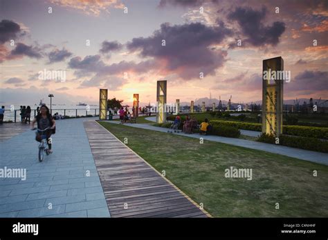 Sunset Along West Kowloon Waterfront Promenade Kowloon Hong Kong