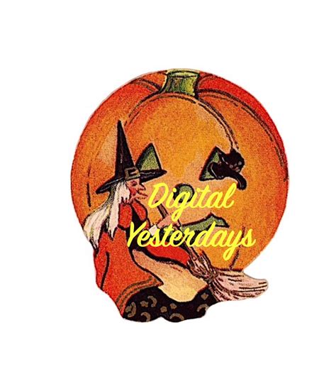 Vintage Printable 1950s Witch Jack O Lantern Black Cat Broomstick Jol