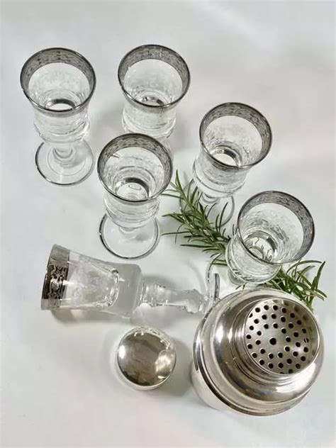 Six Mid 20th Century Silver Rim Aperitif Glasses In Antique Wine