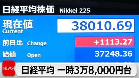 上昇幅1 100円以上 1990年1月以来34年ぶり高値 日経平均が一時3万8 000円台（2024年2月13日） Youtube