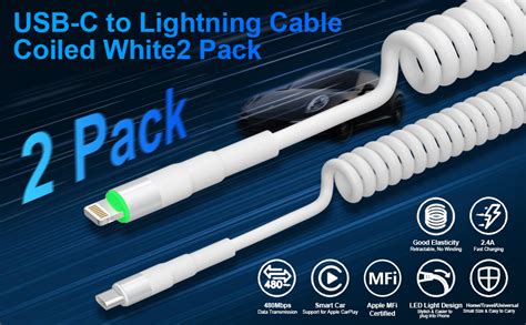 Cable Usb C A Lightning En Espiral Blanco Unidades Certificado Mfi