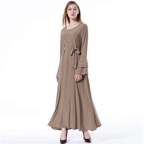 Women Muslim Long Dress O Neck Long Sleeves Pearls Flared Cuff Tied