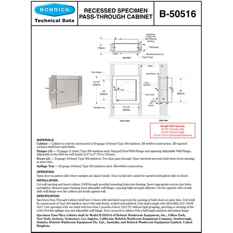 Bobrick B 50516 Recessed Heavy Duty Specimen Pass Through Cabinet