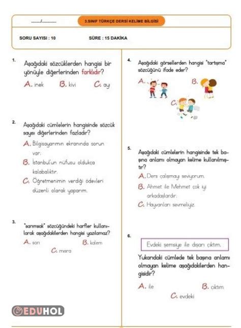 3 Sınıf Türkçe Test 10 Soru Eduhol Ders Videoları İzle Online