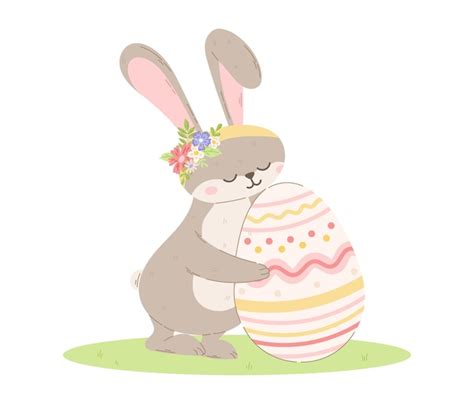 Premium Vector Cute Bunny With Flowers Hugging A Decorated Easter Egg