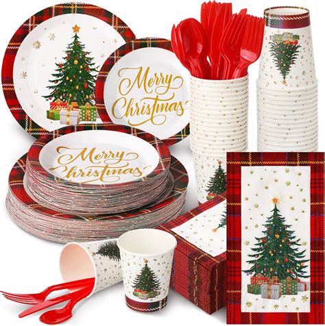 Amazon Sinmoe 400 Pcs Christmas Dinnerware Set Disposable