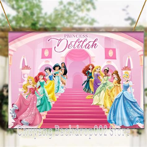 Disney Princess Birthday Backdrop Castle Stairs Tiana Ariel Merida Jasmine Aurora Snow White