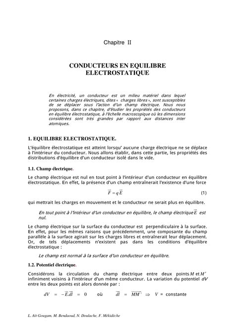 Conducteurs En Equilibre Electrostatique Usthb