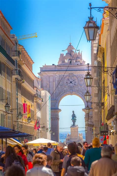 Lisbon Portugal Crowd And Rua Augusta Arch Editorial Photo Image Of