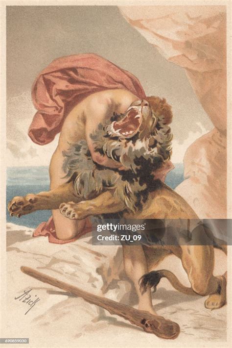 Hercules Fighting The Nemean Lion Greek Mythology Lithograph Published 1897 High Res Vector