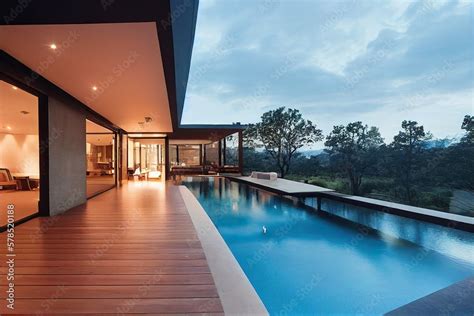 Modern patio outdoor with swimming pool. Modern house interior and ...