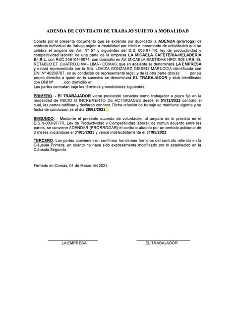 Addenda Modelo LA Micaela ADENDA DE CONTRATO DE TRABAJO SUJETO A