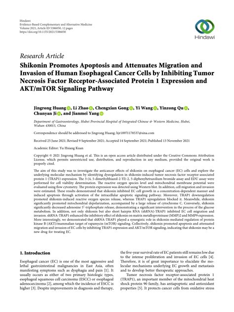 Pdf Shikonin Promotes Apoptosis And Attenuates Migration And Invasion