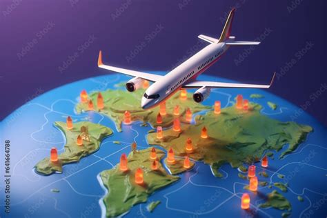 3D world map icon with airplane pin for GPS navigator concept Stock ...