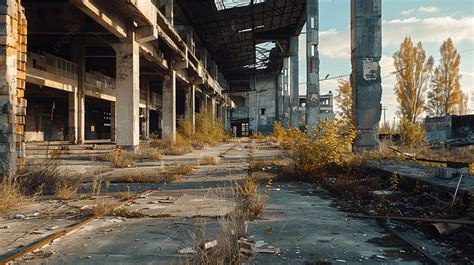 Abandoned Factory With Concrete Ruins In Industrial District Background