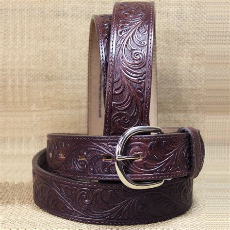 Leegin Dark Brown Western Scroll Tooled Leather Men Belt