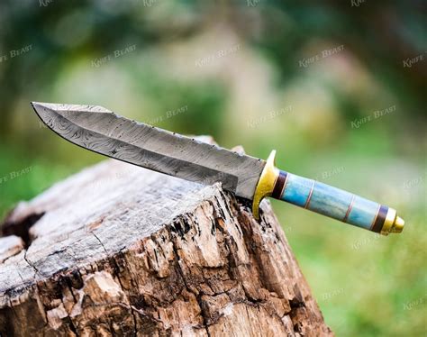 Handmade Damascus Steel Bowie Knife With Camel Bone Handle Brass Spacer