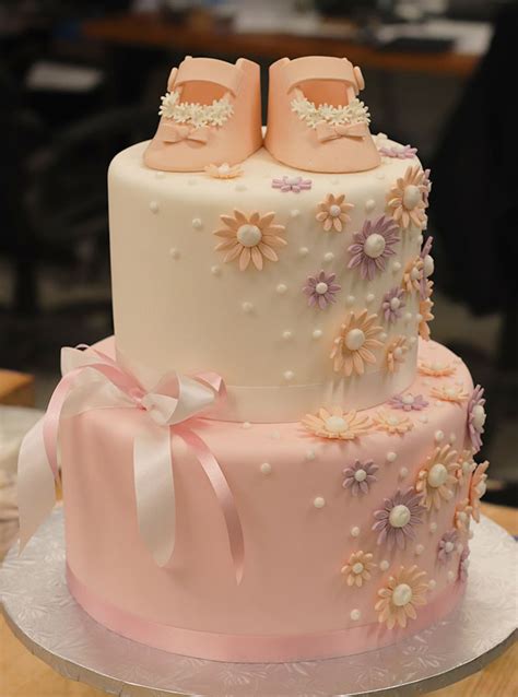 2 Tiered Baby Shower Cake With Sugar Flowers And Baby Shoes