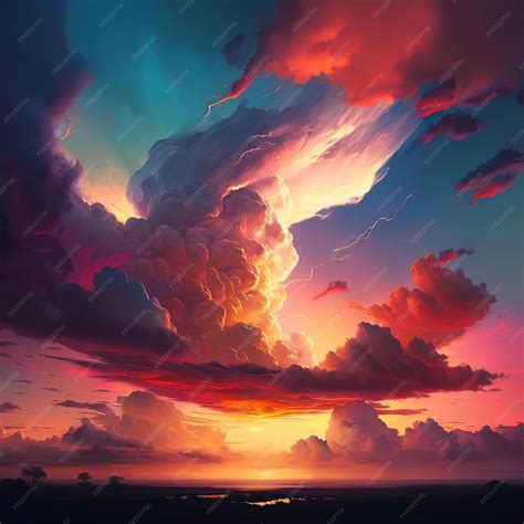 Premium AI Image | A painting of a sunset with a large cloud in the sky.