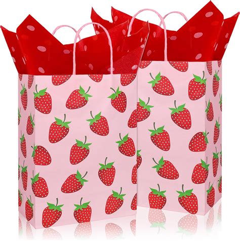 Whaline 16Pcs Strawberry Party Favor Bags With 20 Sheets Red Tissue