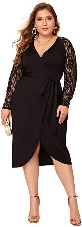 Shein Womens Plus Elegant Contrast Lace Sleeve Self Belted Wrap