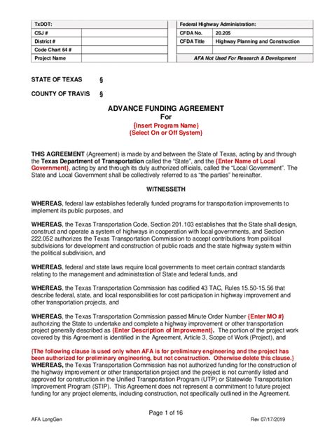 Fillable Online Ftp Txdot ADVANCE FUNDING AGREEMENT ADVANCE FUNDING