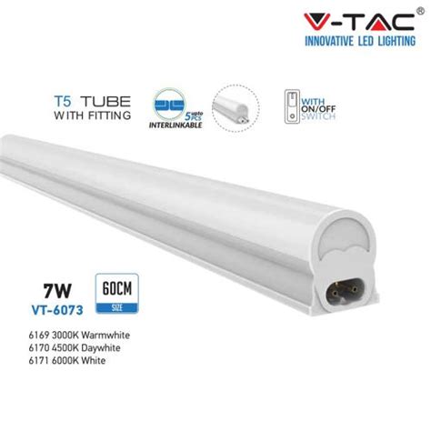 V TAC T5 7W 60cm LED Batten Fitting Warm White SKU 6169 VT VT