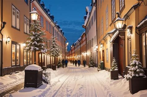 Premium AI Image Evening Winter Scenery Of Street In Old Town Gamla