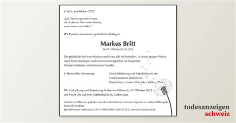 Todesanzeige Markus Britt Aesch Todesanzeigenschweiz Ch