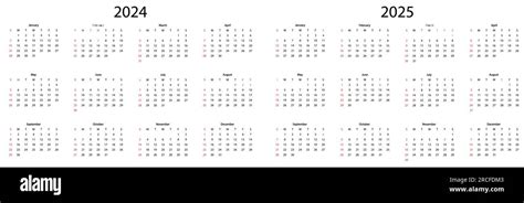 Set Of Calendar 2024 And 2025 Years The Week Starts On Sunday Vector