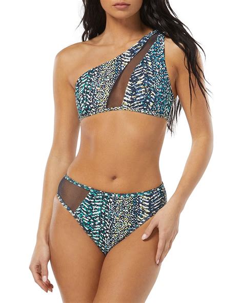 Vince Camuto Printed One Shoulder Mesh Inset Bikini Top And Bikini Bottom