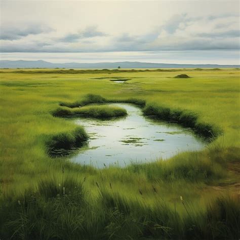 Premium Ai Image There Is A Painting Of A Small Pond In A Grassy