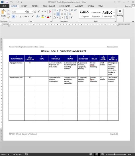 Goals-Objectives Worksheet Template Word