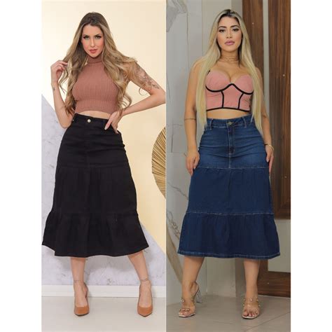 Saia Midi Jeans 3 Marias Lycra Moda Evangélica Cristã Peplum