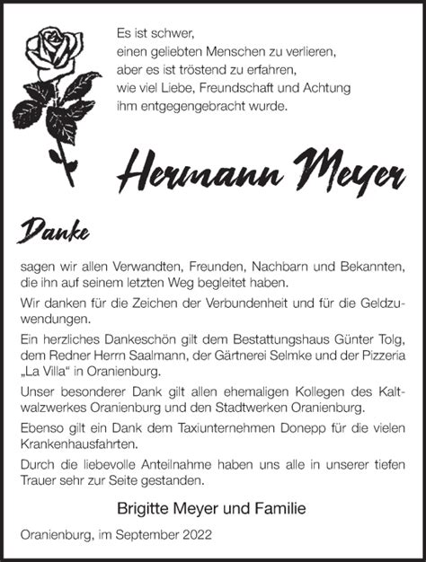 Traueranzeigen von Hermann Meyer Märkische Onlinezeitung Trauerportal