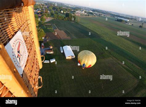 Aerial View Of Hot Air Balloon Flying Over Farm Lancaster County Pennsylvania USA Stock Photo