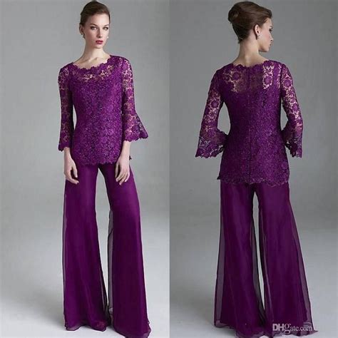 Classy Purple Lace Mother Of The Bride Pant Suits Sheer Jewel Neck Long