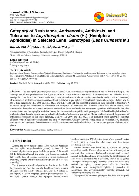 PDF Category Of Resistance Antixenosis Antibiosis And Tolerance To