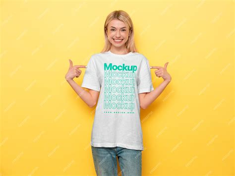 Premium Psd View Of Woman Wearing T Shirt Mock Up Design And Pointing