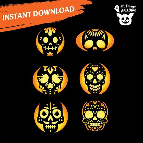 6 Sugar Skull Pumpkin Carving Stencil Template Halloween Jack O Lantern Pattern Instant Download