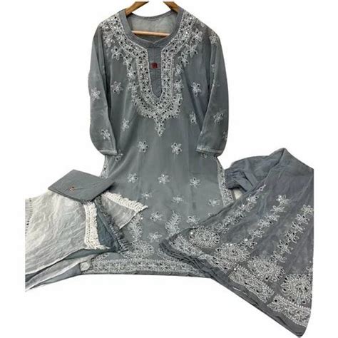 Embroidered Grey Mirror Work Georgette Kurta Sharara Set Stitched At