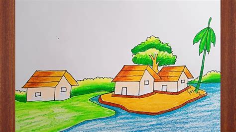 How To Draw River Side Village Scenery Step By Step Village Scenery