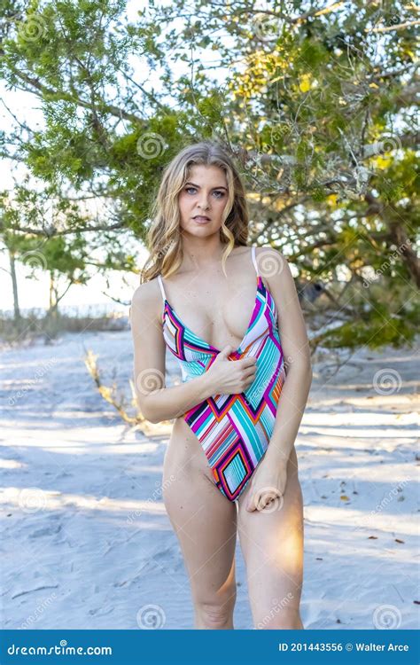 Beautiful Bikini Model Posing In A Beach Environment Stock Photo