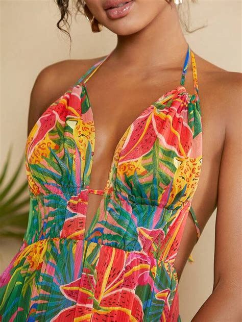 Shein Vcay Tropical Print Split Thigh Halter Neck Backless Dress