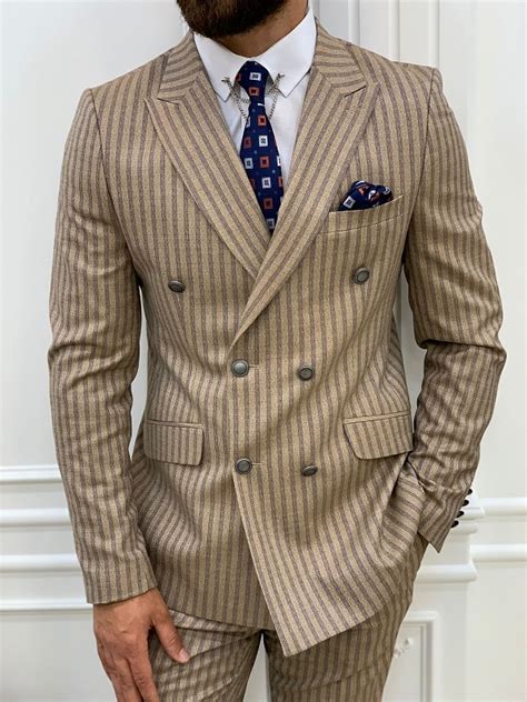 Brown Slim Fit Double Breasted Striped Suit For Men BespokeDailyShop