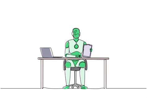 Continuous One Line Drawing Robots Sitting Near Office Desk And Showing