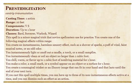 Prestidigitation 5e 5th Edition Spell In D D Dnd Spells